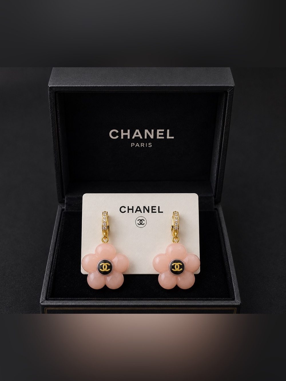 CHANEL Pink Flower Drop Earrings with Gold CC Detail